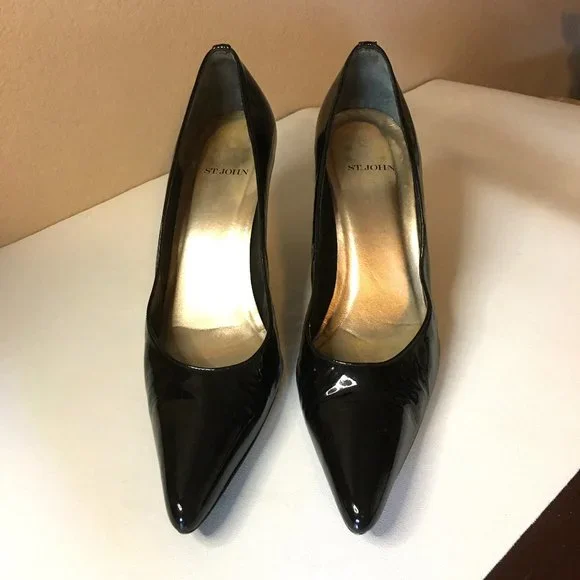 ST JOHN Black Soft Patent with Matte Gold Heel Pumps - Picture 4 of 15